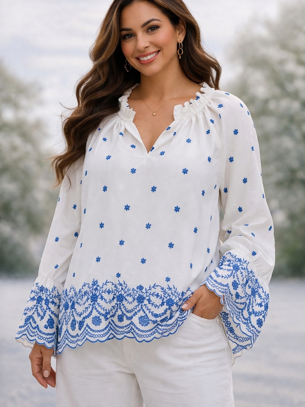 Embroidered Blouse Women L White Blue Floral Boho Long - Picture 1 of 8